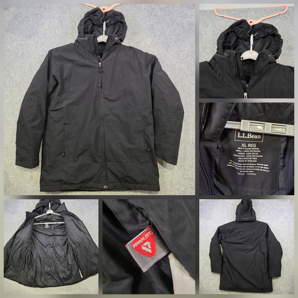 L.L. Bean Storable Hood Parka Coat Mens XL Black Full Zip Insulated Primaloft